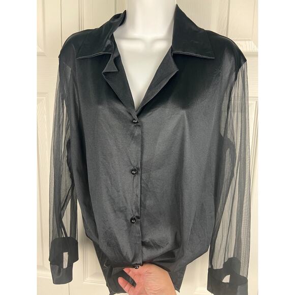 Vintage Black Nylon Button Front Collared Sheer Sleeve Blouse XL Goth Career - Picture 7 of 8